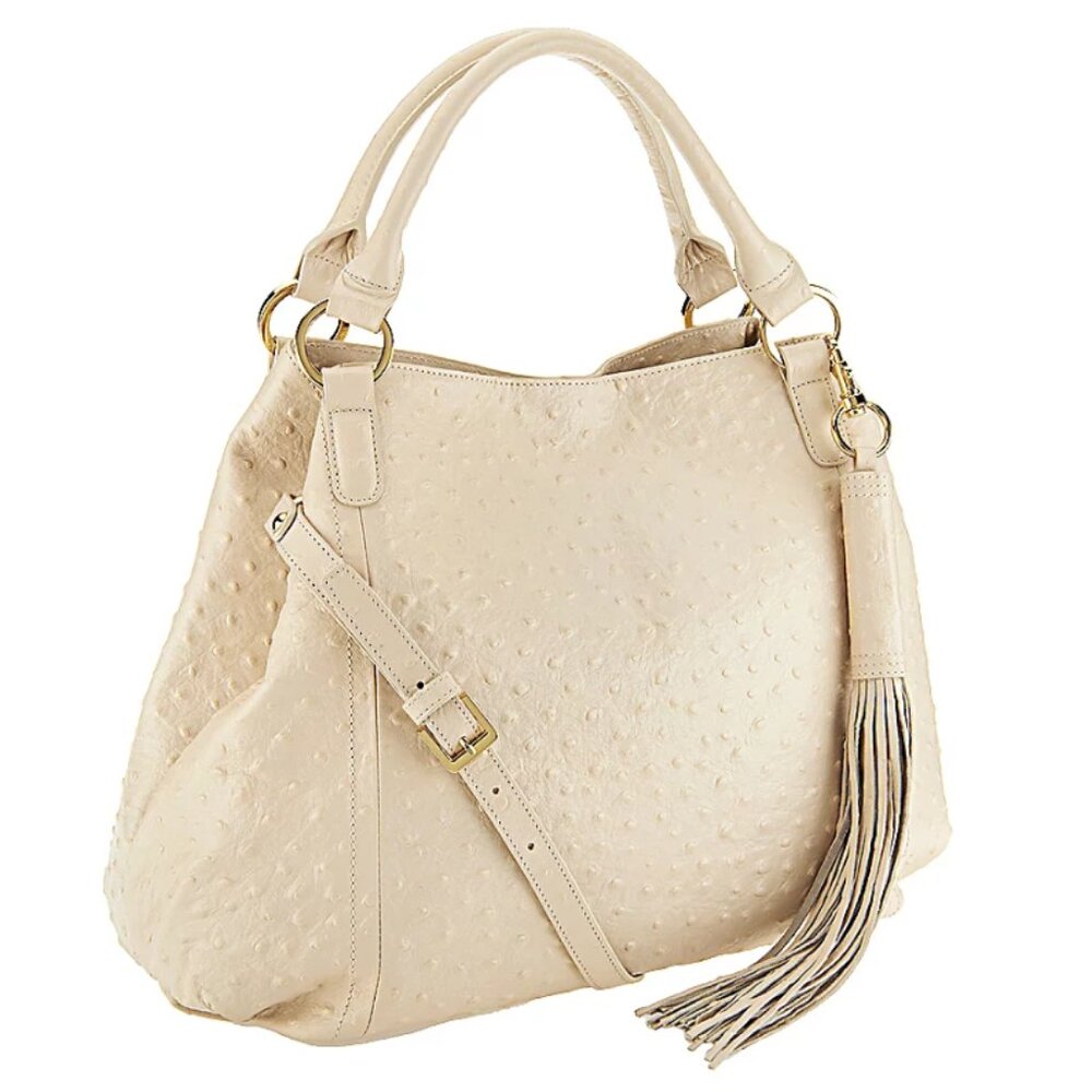 NWOT~G.I.L.I. Cream Ostrich-Texture Tote with Tassel/100% Genuine cow Leather
